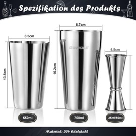 GWHOLE Cocktail Shaker 750 ml Stainless Steel 304 Cocktail Set Cocktail Shaker Boston Mixer Bartender Kit Bar Accessories with 550 ml Measuring Cup for Home Party Gift