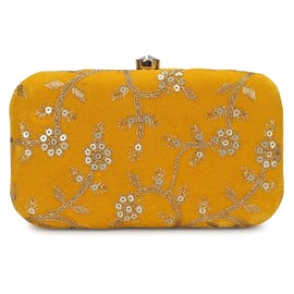 LONGING TO BUY Hand Crafted Designer Box Clutch For Women, Zari Embroidery Clutch For Women (Yellow-2)
