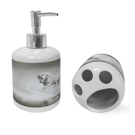 Ambesonne Horses Soap Dispenser & Toothbrush Holder Set, Wild Horse Running Through Water Dramatic for The Motivation of Life Art, Ceramic Bathroom Toiletry Accessories, 2 Pcs, Black and White