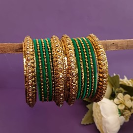 Efulgenz Boho Antique Oxidized Indian Jewellery Tribal Crystal Velvet Bracelet Bangle Set (Green, 2-2)