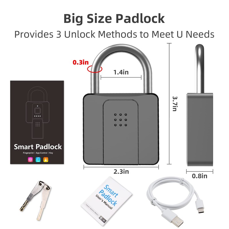Fingerprint Padlock, Pothunder Smart Lock with APP Fingerprint Key, Keyed