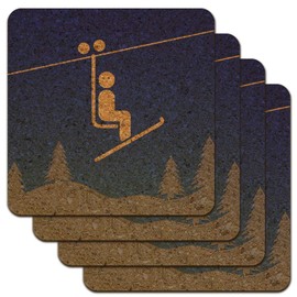 Skiing Ski Lift Symbol in Snow Low Profile Novelty Cork Coaster Set