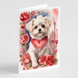Caroline's Treasures DAC4498GCA7P Maltese Valentine Roses Greeting Cards Pack of 8 Blank Cards with Envelopes Whimsical A7 Size 5x7 Blank Note Cards