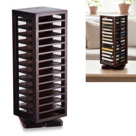 Ripeng Cassette Tape Holder, 28 Capacity 360° Rotating Double Sided Storage Rack, Rustic Brown Metal & Wood Display Shelf for Home, Music Studio