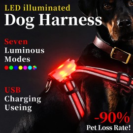 CC SIMON Dog Harness LED Light Up,USB Rechargeable Multicolor Light, Adjustable No Pull Pet Harness for Medium Large Dogs (L)