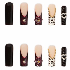 MERVF Square Press on Nails Long Fake Nails Brown French Tip Glue on Nails 3D Flower Heart Charms Press ons with Leopard Design Squoval Fall Acrylic Nails Glossy 24pcs