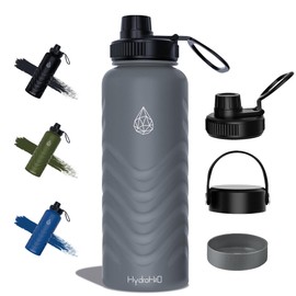 24oz Stainless Steel Insulated Water Bottle, 48H Ice Cold & 24H Hot, Leak-Proof Wide Mouth Lids (Straw & Spout), BPA-Free Bottles, Mens Water Bottle for Gym, Hiking, Travel - Grey