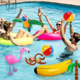 Pack of 8 Inflatable Palm Trees Coconut Tree Set, Hawaii Beach Toy Set Including Coconut Tree Banana Flamingo for Summer Swimming Pool Hawaii Decoration Theme Party
