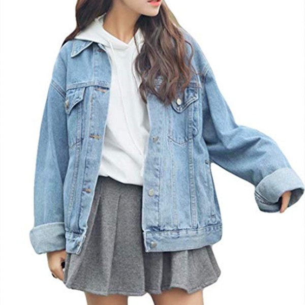 Ankecity Women's Boyfriend Denim Jackets Oversized Blue Jean Coats Long