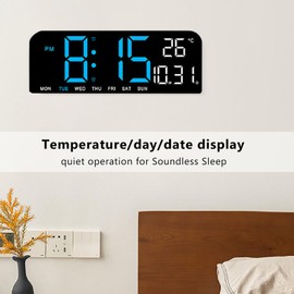 Yunir Reloj Despertador Digital, Reloj de Pared de Escritorio con Pantalla LED Grande, Brillo Ajustable, Pantalla de 12 24 Horas, Reloj de Pared Eléctrico para Sala de Estar, (Blue)