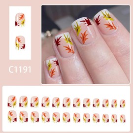 Fall Press on Nails Short Square Fake Nails with Leaf Designs Autumn White French Tip False Nail Thanksgiving Full Cover Acrylic Stick on Nail for women 24Pcs