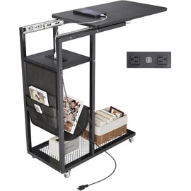 Colima C Shaped End Table with Charging Station (Black, Extra Large)