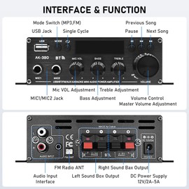 JeTuvlie Stereo Amplifier Receiver AK-390,AMP Speaker Bluetooth 5.0 Amplifier 400W +400W 2 Channels with 12V/5A Power Amplifier Sound HiFi Amplifier FM Radio,(BT,USB, AUX, Mic)Input for Home Bar Party