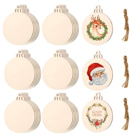 30PCS Wooden Christmas Ornaments Round Wooden Baubles Wood Slice Blank Wooden Embellishments Wood Pendants with String for Xmas Tree Decoration DIY Crafts