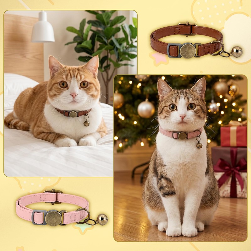 4 Pcs Leather Cat Collar Breakaway with Bell Adjustable Safety