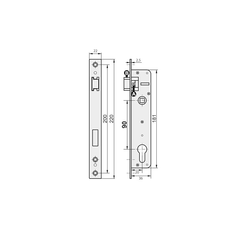 Mortise Lock, Tubular Frame Lock 90/20, Left/Right with Counter Plate,