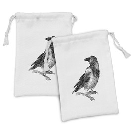 Lunarable Crow Fabric Pouch Set of 2, Sketch Print of a Single Big Crow Bird Hand-drawn Style Wildlife Animal Artwork, Small Drawstring Bag for Toiletries Masks and Favors, 9" x 6", Black and White
