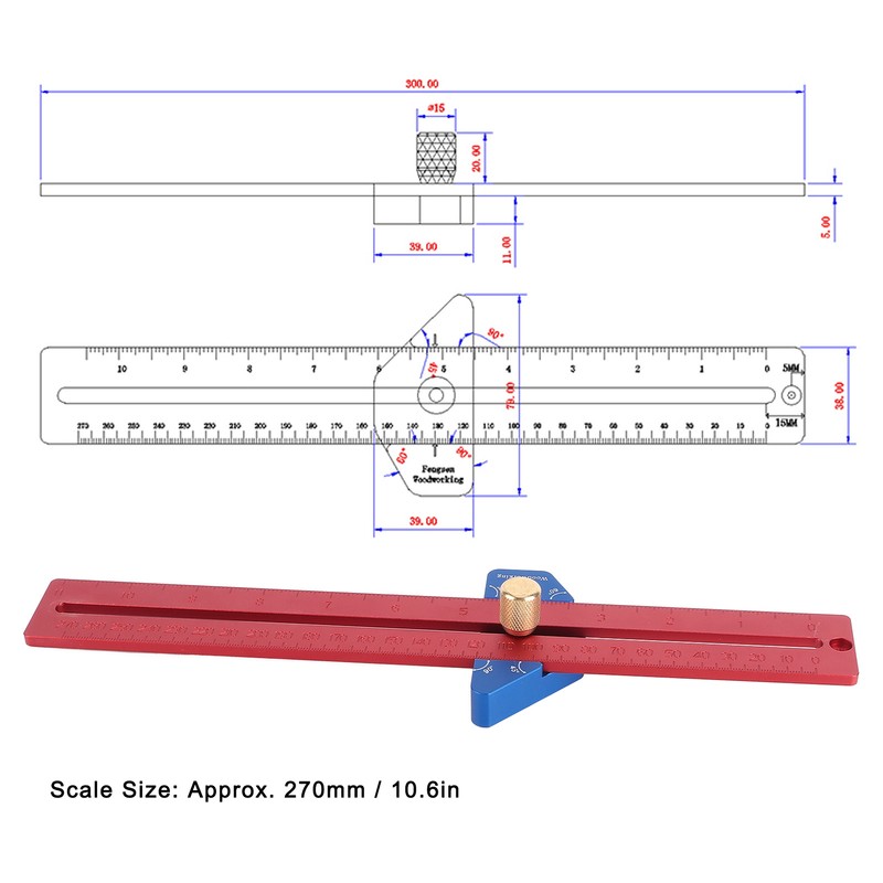 Woodworking Scriber 270mm Aluminum Alloy Angled Ruler Line Scribing Marking