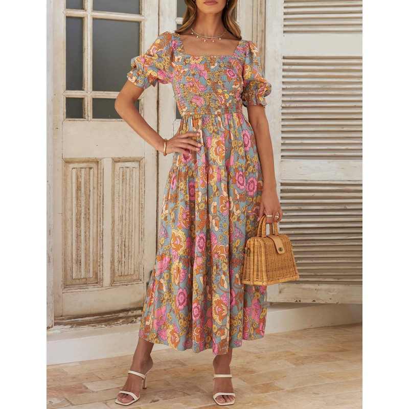ZESICA Women's 2025 Summer Boho Floral Print Square Neck Ruffle