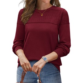 WIHOLL Sweaters for Women Crewneck Crochet Tops Long Sleeve 2025 Fall Winter Outfits Fashion Clothing WineRed L