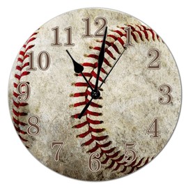 Rustic Style 15x15in Modern Round Wood Wall Clock Arabic Numerals Wooden Clock Battery Operated Silent Non-Ticking Ball Theme Baseball Wall Clocks for Cottage Living Room Bedroom Office Decoration