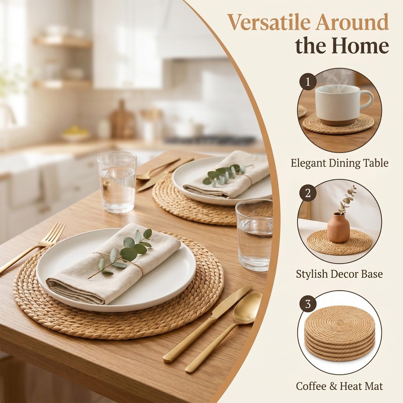 Round Woven Placemats Set of 6, 25 cm Natural Placemat