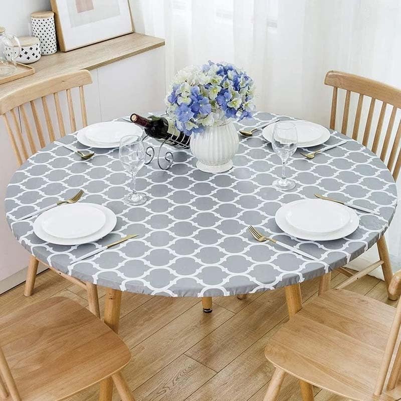 1pcs Waterproof Round Tablecloth, Elastic Edged Fitted Flannel Backed Table