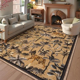 GarveeHome Washable Rugs for Living Room 5'x7' Tiger Rug Tropical Jungle Plant Area Rug Non Slip Low Pile Rug Stain Resistant Carpet for Bedroom Dining Room Home Decor, Camel