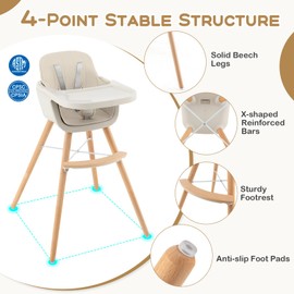Nightcore 3-in-1 Convertible Baby High Chair, Infant Multi-Purpose Dining Chair with Removable Tray & Adjustable Legs, Toddler Dining Chair with 5-Point Seat Belt & PU Pad (Beige)
