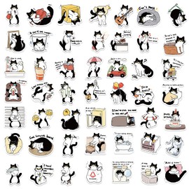 Yoksas Cute Tuxedo Cat Stickers - 50 Pcs Black White Cat Cartoon Decals for Laptops,Water Bottles,Scrapbooking,Journals,Kindle Case