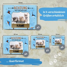 PR Print Royal Tin Sign with Cat Photo, Name & Saying - Achtung! Hier wachen wir - Gift Idea for Cat Owners / Door Sign / Cat Sign - Landscape Format Sign A4