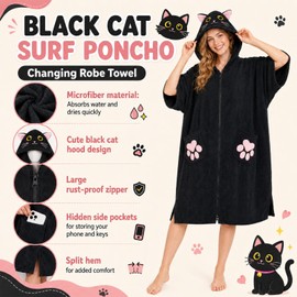 Emwwat Surf Poncho Changing Robe Towel-Unisex Hooded Beach Cover Up with Pocket,Quick Dry Microfiber Towel Poncho for Women Men Adult,for Beach Surfing Swimming (Black Cat)