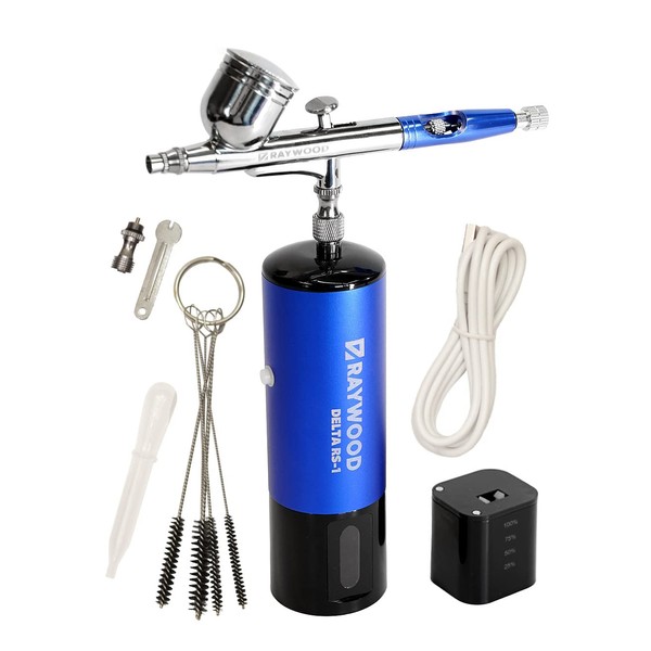 RAYWOOD Airbrush Delta Rechargeable Compressor Set, USB type-C, Double Action Cleaner, 5 Pieces, 0.01 inch (0.3 mm) Diameter, Small, Plastic Model, Painting, Arts and Crafts (RS-1, Azurite Blue)