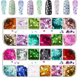 Butterfly Nail Art 24 Colors 3D Butterfly Decals Stickers Sequins for Nails, Holographic Nail Sparkle Glitter for Nail Art Decoration (2 Boxes)