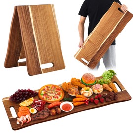 FoldTier Large Acacia Charcuterie Board with Handles 33 x 12 Inch Extra Large Wood Foldable Serving Tray Wood Rectangular Appetizers Cheese Food Meat Board for New Home Party Housewarming Gifts