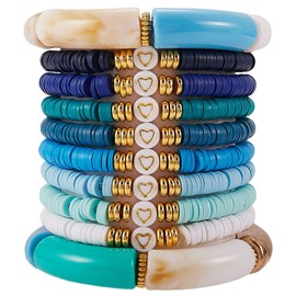 LEGENTLISUR Set of 10 Preppy Bracelets Set, Surfer Bracelet, Bamboo Tube Bracelet, Acrylic Tube Beads, Stretch Bracelet, Blue with Spacer Beads and Heisi Heisi Beads, Bohemian Summer Beach Jewellery,