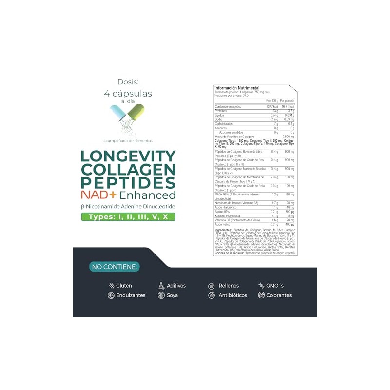ETERNAL NUTRITION Longevity: Colágeno Hidrolizado Bovino + NAD+ (150 Caps)