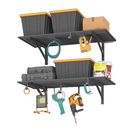 2 Pack Heavy Duty Garage Wall Shelves, 2x4ft Wall Mount Storage Shelf with Hooks, Shelf Warehouse Organization System, Rack Shelving, Holds 200 Lbs Each for Shop, Garage Storage