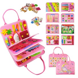 TenFans Montessori Toy from 1 Year - Busy Board for Fine Motor Skills & Sensory - Travel Toy for Car/Plane with Zip, Buckles and Velcro Strap - Educational Game Gift for Girls