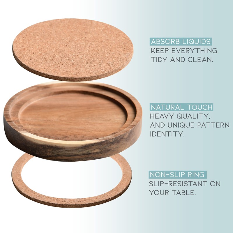 Acacia Wood Coasters for Drinks, 4.13 Inch, Set of 6,