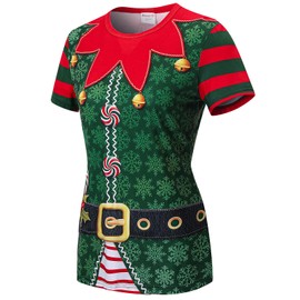 Women's Christmas Costume Elf T-Shirt 3D Graphic Tee Top Short Sleeves, Green, X-Large