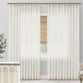 SHINELAND Pinch Pleated Curtains Linen Sheer 90 Inches Long for Living Room 2 Panels Set