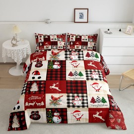 Manfei Christmas Comforter Set Twin Size, Deer Tree Snowman Santa Claus Print Quilt Set with 1 Pillowcase, Plaid Grid Print Bedding Set 2pcs for Kids Boys Girls Bedroom Decor