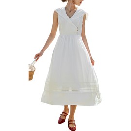 EVAZOU Women's White Cotton Boho Embroidered Eyelet Midi Dress, Sailor Collar Sleeveless Summer Casual Beach Vacation Dress with Pockets, M