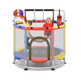 OLAKIDS 55" Trampoline for Kids, Indoor Outdoor Adjustable Toddler Trampoline with Enclosure Safety Net, Baby Recreational Trampolines with Basketball Hoop Hammock Boxing Bag Gymnastic Bar Rings