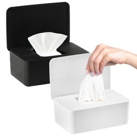 QBXMY7 2Pcs Diaper Wipes Dispenser, Refillable Wipe Container, Wipe Container with Sealing Design Lid, Keep Wipes Fresh,Wet Wipes Cases (White/Black)