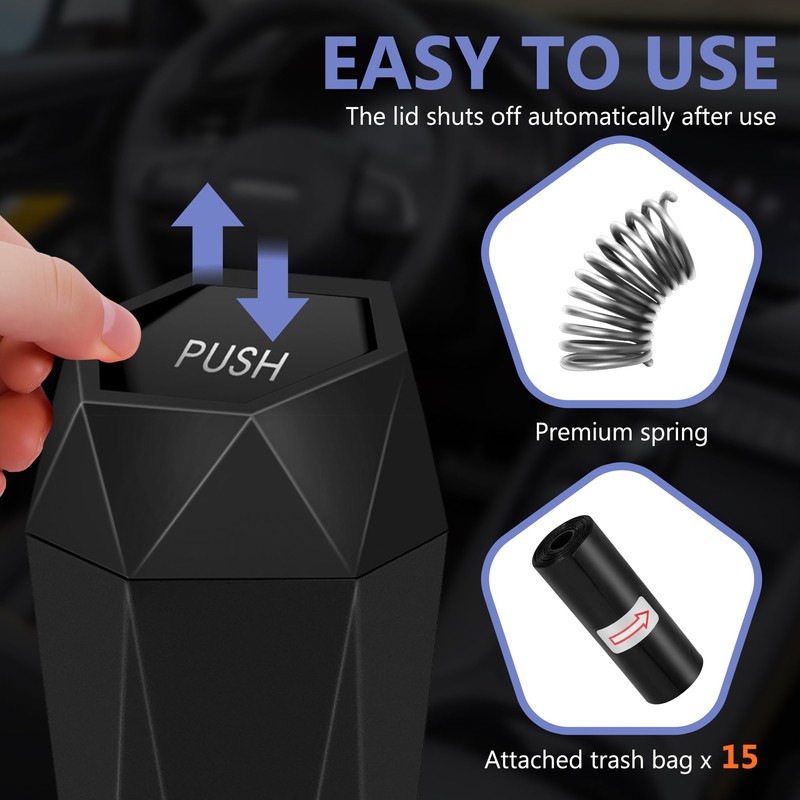 Car Trash Can with Lid, Leakproof, 15 Trash Bags, Black,