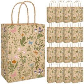 JarThenaAMCS 16 Pcs Spring Wildflower Paper Gift Bag Vintage Floral Kraft Treat Bags with Handles Candy Goodie Bags for Birthday Wedding Party Favors Supplies
