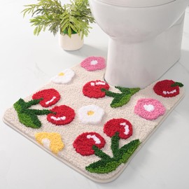 Anybar Beige Cherry Toilet Rug & Mat U-Shaped 20"x24" - Soft Microfiber Contour Bath Rug Absorbent Non-Slip Bathroom Toilet Rugs Plush Bathroom Mat for Toilet Base Machine Washable Shaggy Bath Decor