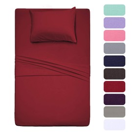 Bed Sheet Set- 3 Piece Bedding Sets(Twin,Burgundy) 1 Flat Sheet,1 Fitted Sheet and 1 Pillow Cases,100% Brushed Microfiber 1800 Luxury Bedding,Hypoallergenic,Soft & Fade Resistant
